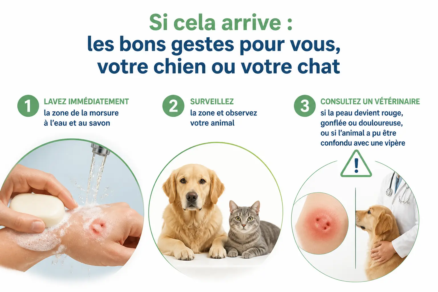 Orvet morsure : lavage du point de morsure, surveillance du chien ou du chat, alerte vétérinaire si rougeur.