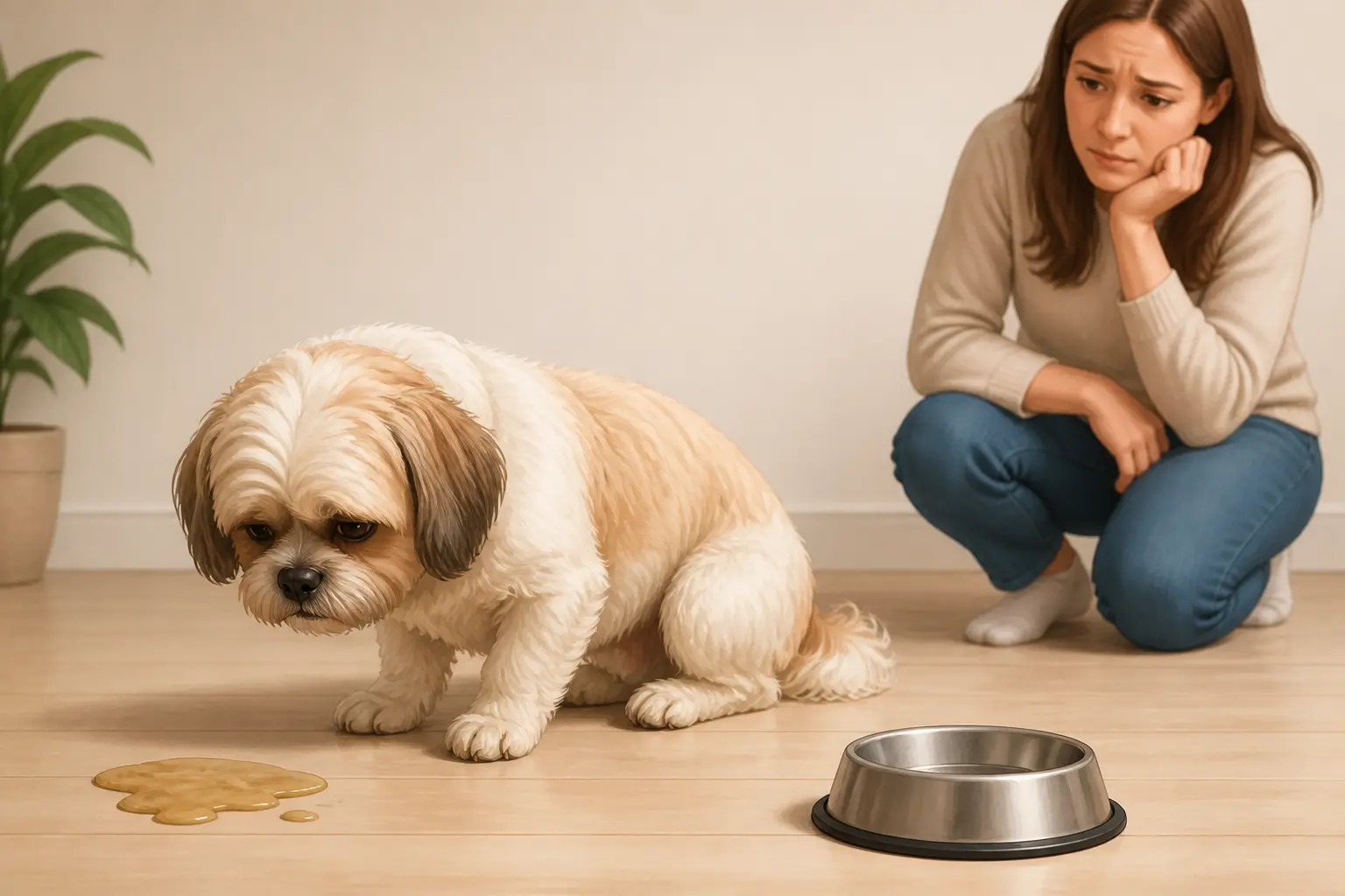 Pancréatite chien : petit chien malade à la maison, vomit, posture basse et gamelle d’eau vide.