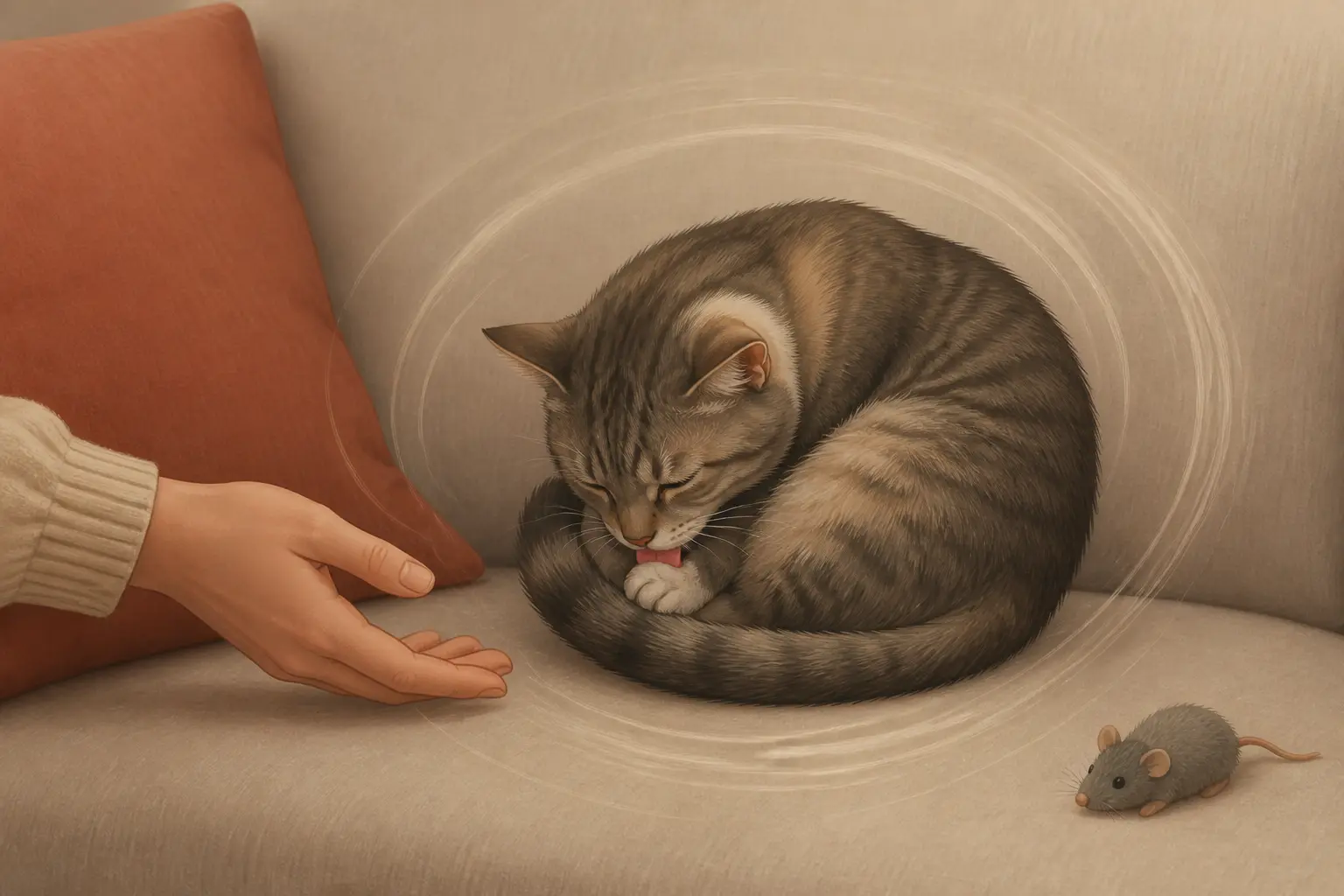 Pourquoi mon chat me lèche : chat stressé sur un canapé, se lèche la patte près d’un jouet et d’une main.