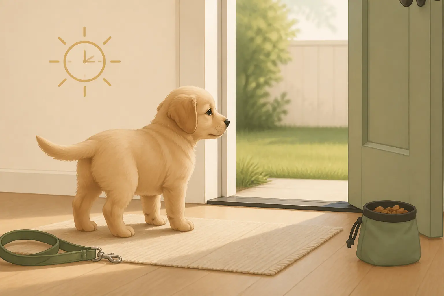 Chiot en propreté près d’une porte ouverte, avec friandise et herbe dehors, pour des sorties régulières.