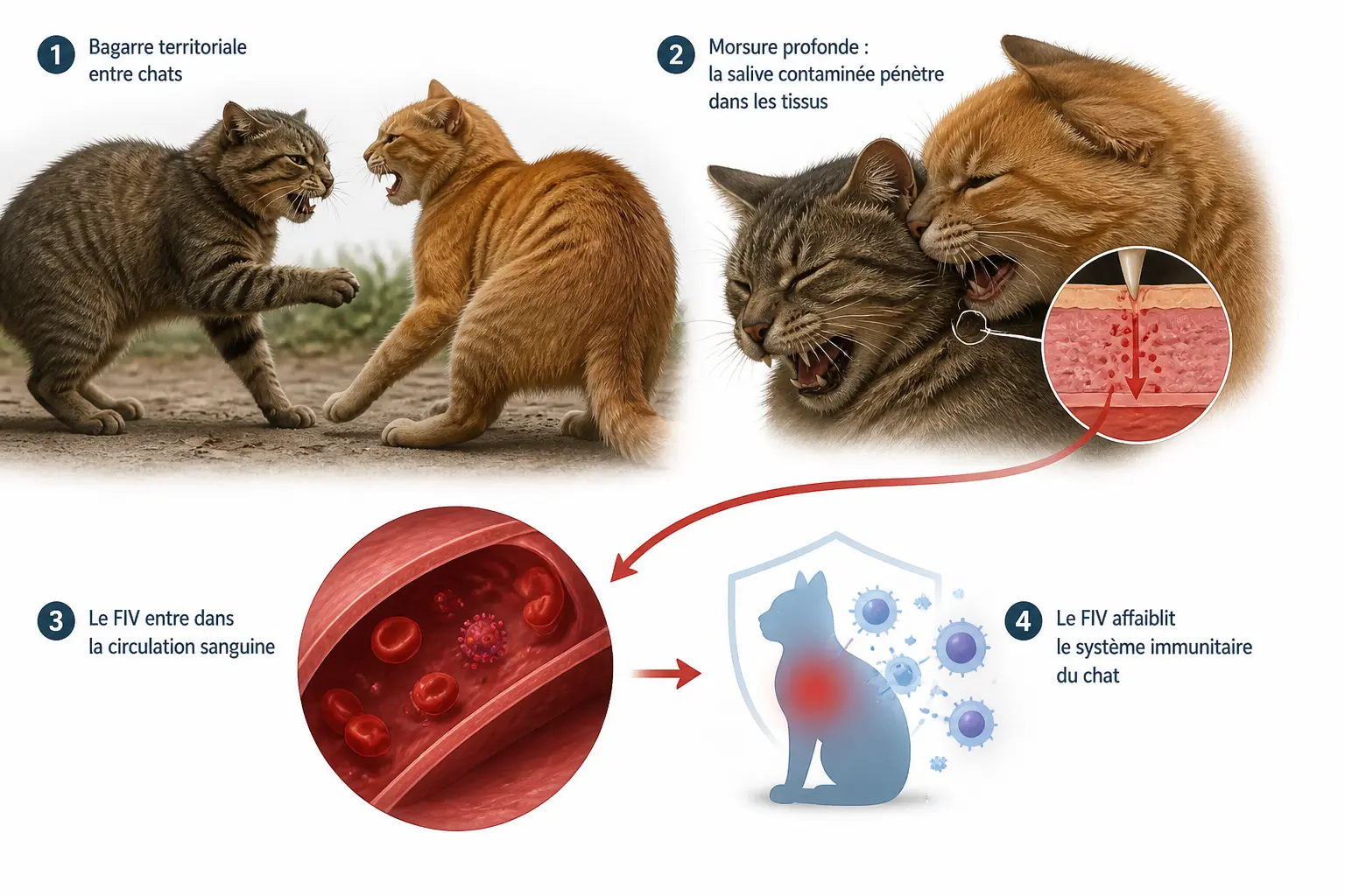 Sida du chat : deux chats se battent, morsure profonde et salive infectée transmettant le FIV.
