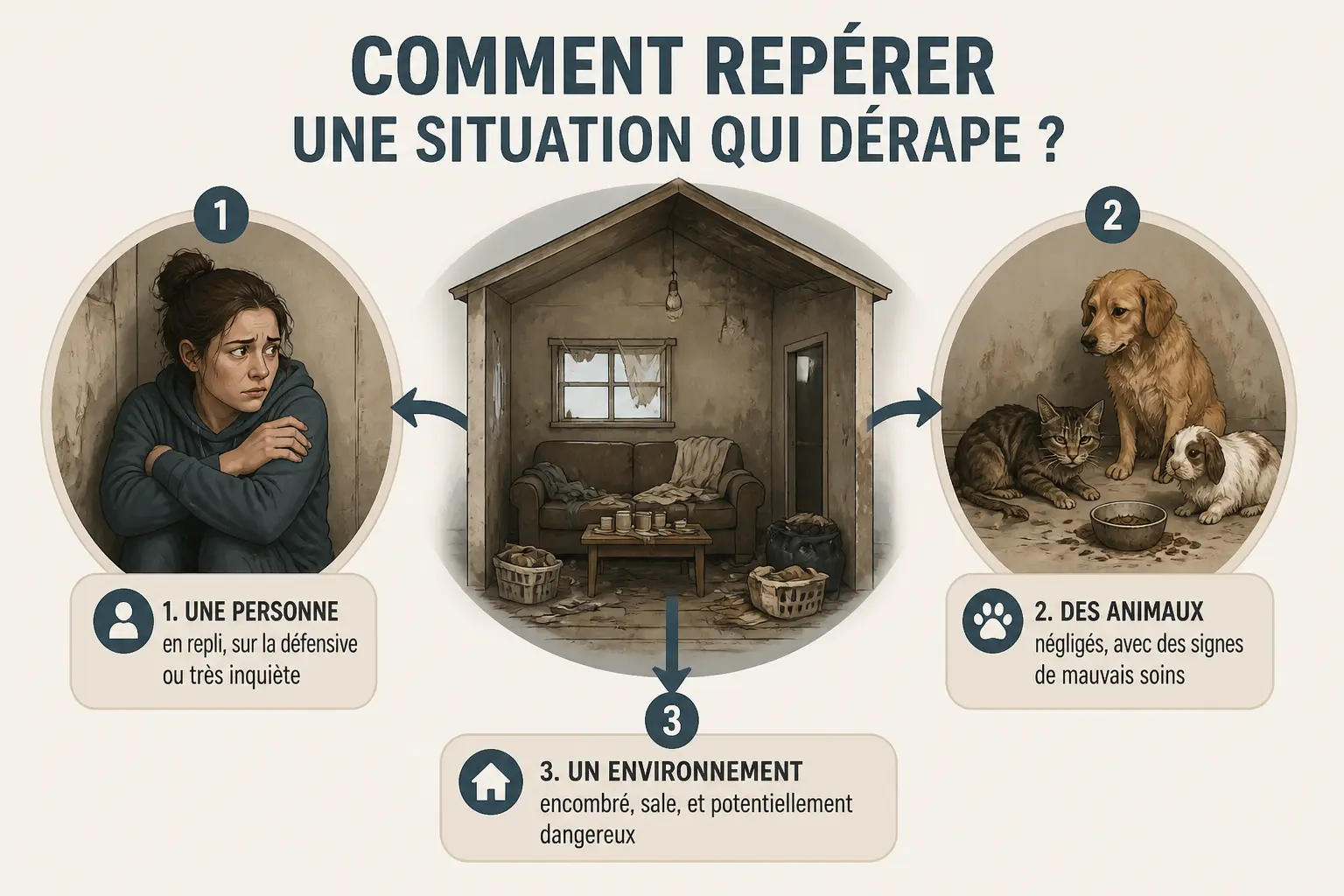 Syndrome de noé : schéma montrant personne inquiète, animaux négligés et intérieur insalubre