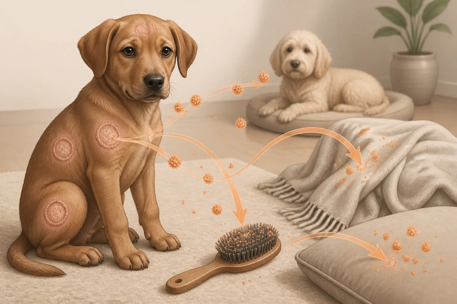 Teigne du chien : un chien infecté contamine un panier, une brosse et une couverture par spores.