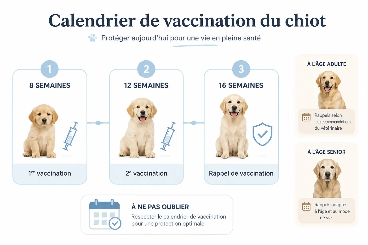 Vacciner un chien : calendrier chiot de 8, 12 et 16 semaines avec rappels et repères