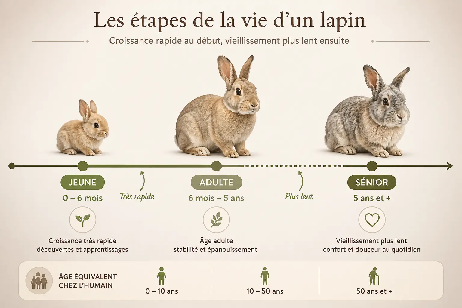 Âge lapin en humain : frise comparative montrant jeune, adulte et senior avec repères d’âge