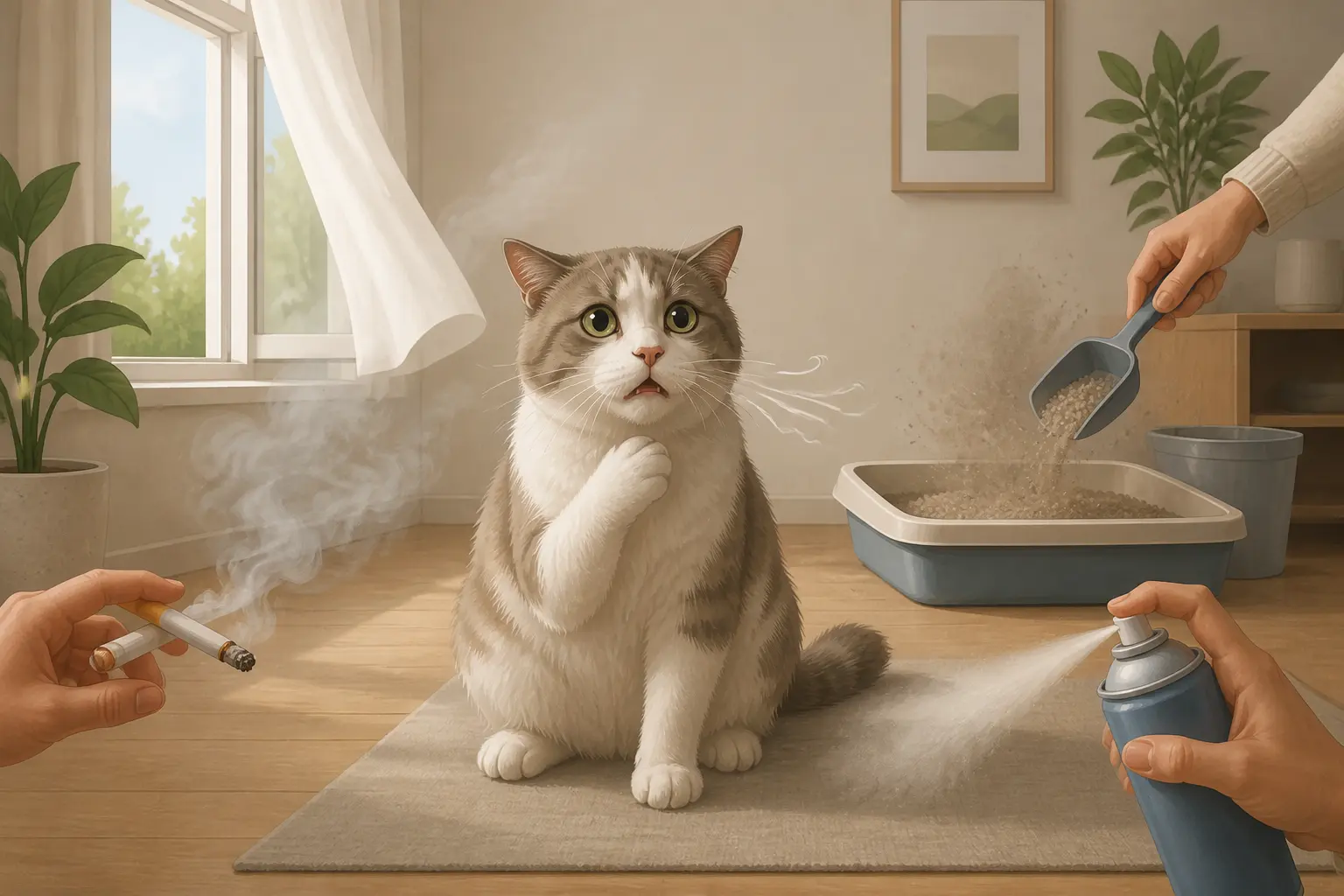 Chat avec asthme réagissant à la fumée, à une litière poussiéreuse et à un spray ménager à la maison.
