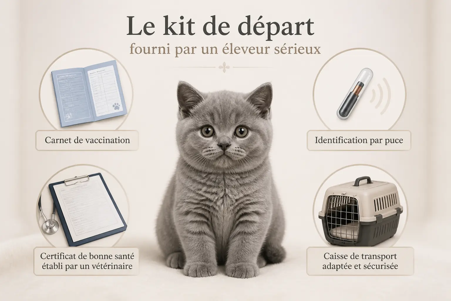 British Shorthair prix : chaton premium entouré d’un carnet vaccinal, puce, certificat et panier de transport