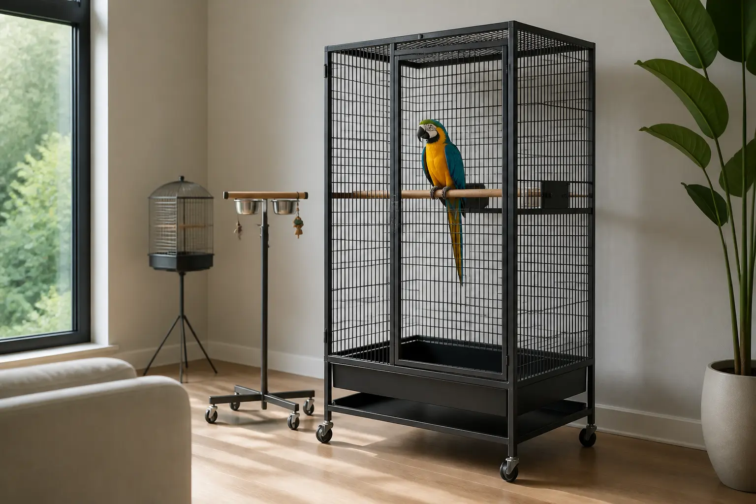 Grande cage pour perroquet dans un intérieur lumineux, avec perroquet posé et petite cage en arrière-plan.