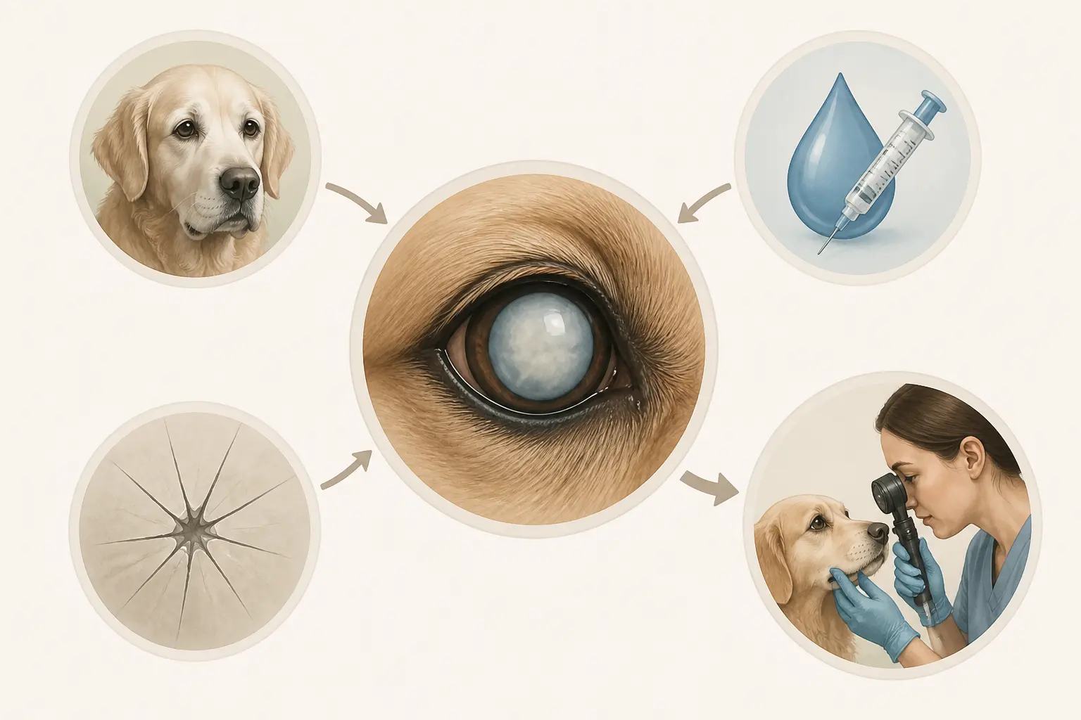 Cataracte chien : schéma du cristallin trouble, causes possibles et examen vétérinaire au microscope oculaire.