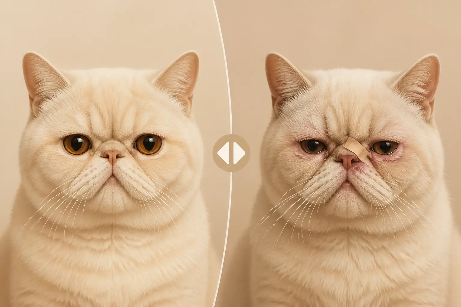 Comparaison de chat nez écrasé : nez plat naturel à gauche, nez blessé avec bandage à droite