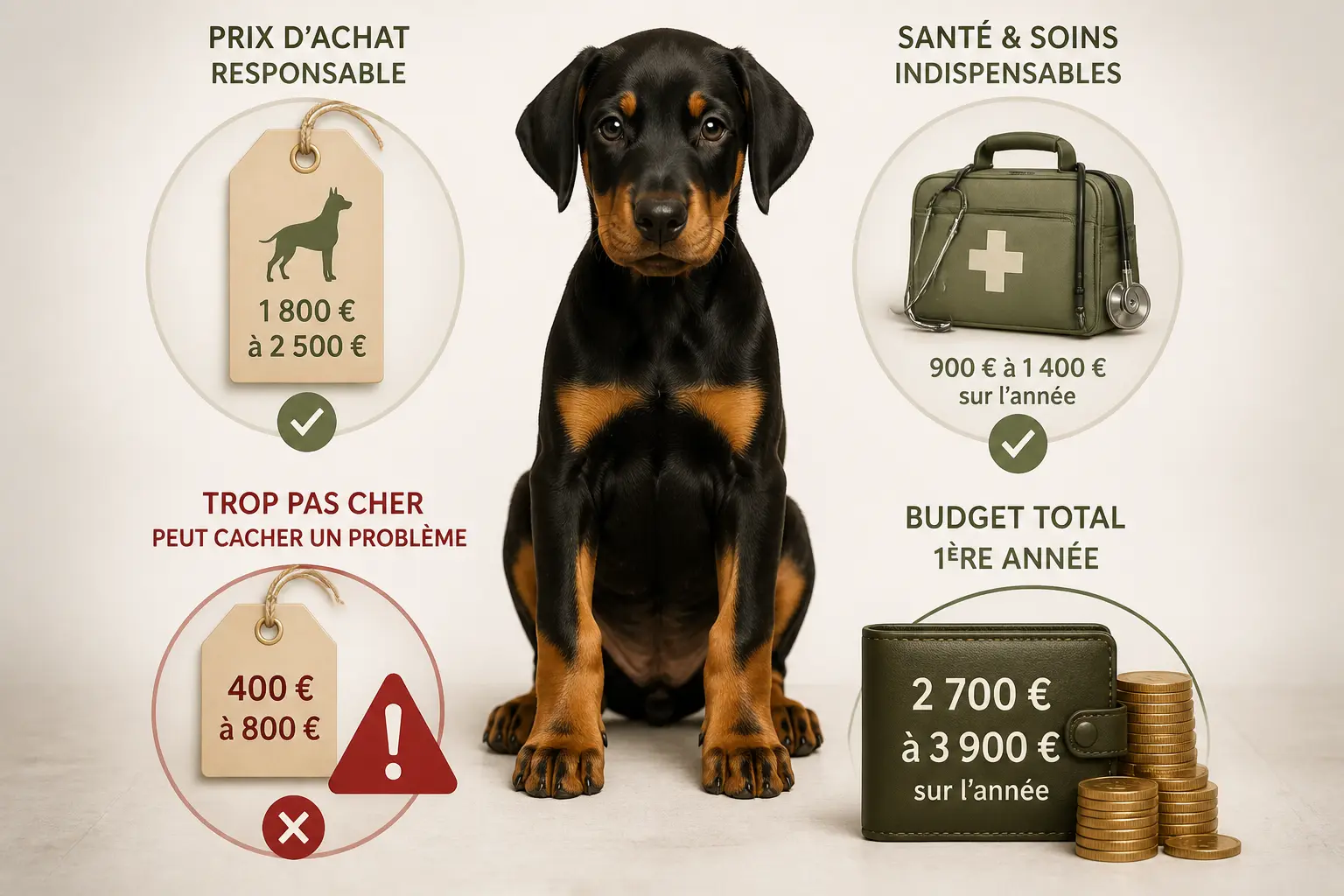Chiot doberman entouré d’icônes de coût, soins vétérinaires et alerte sur prix trop bas.