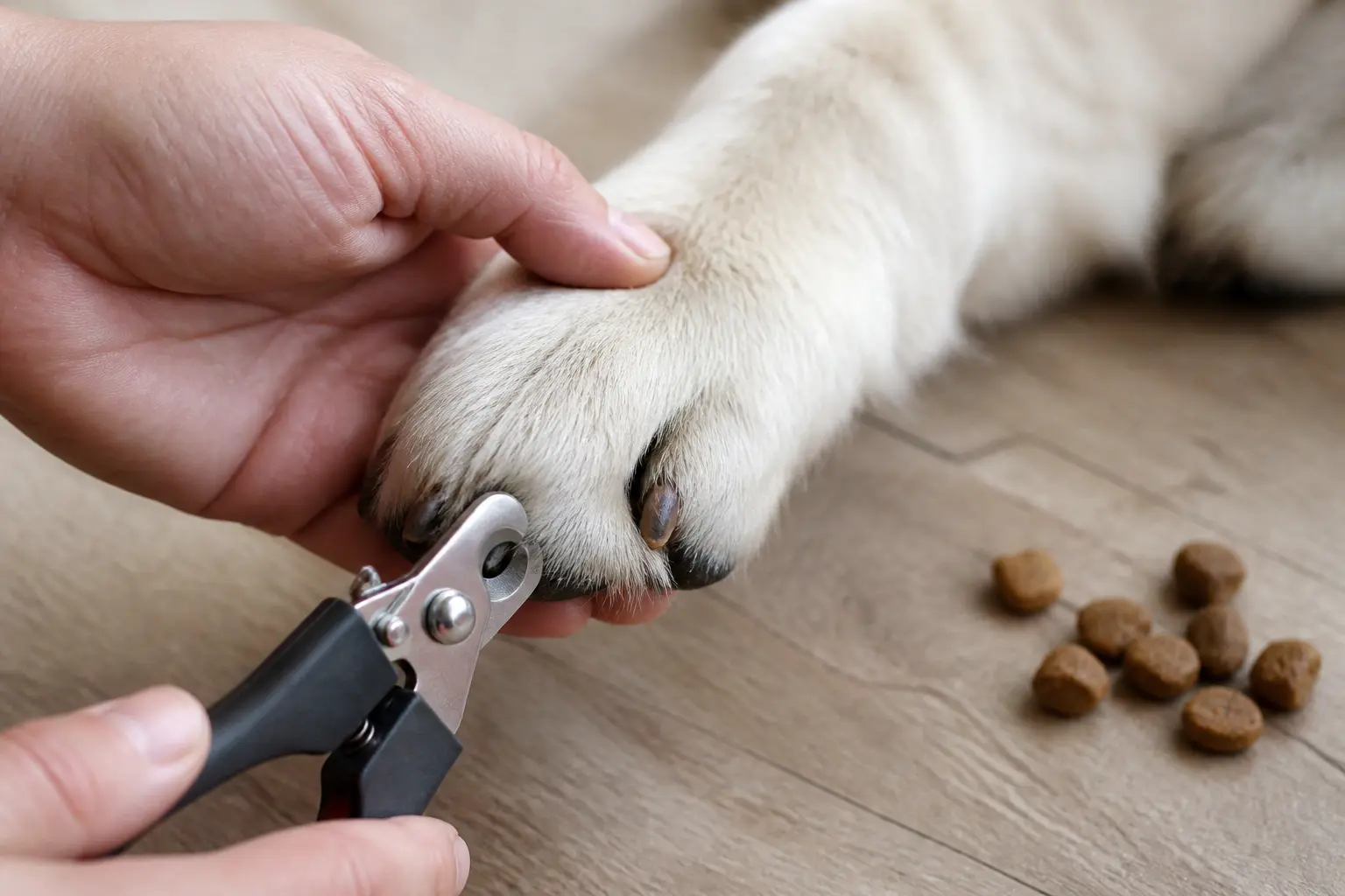 Coupe griffe chien : main tenant la patte et coupe-ongle près d’une griffe, avec friandises.