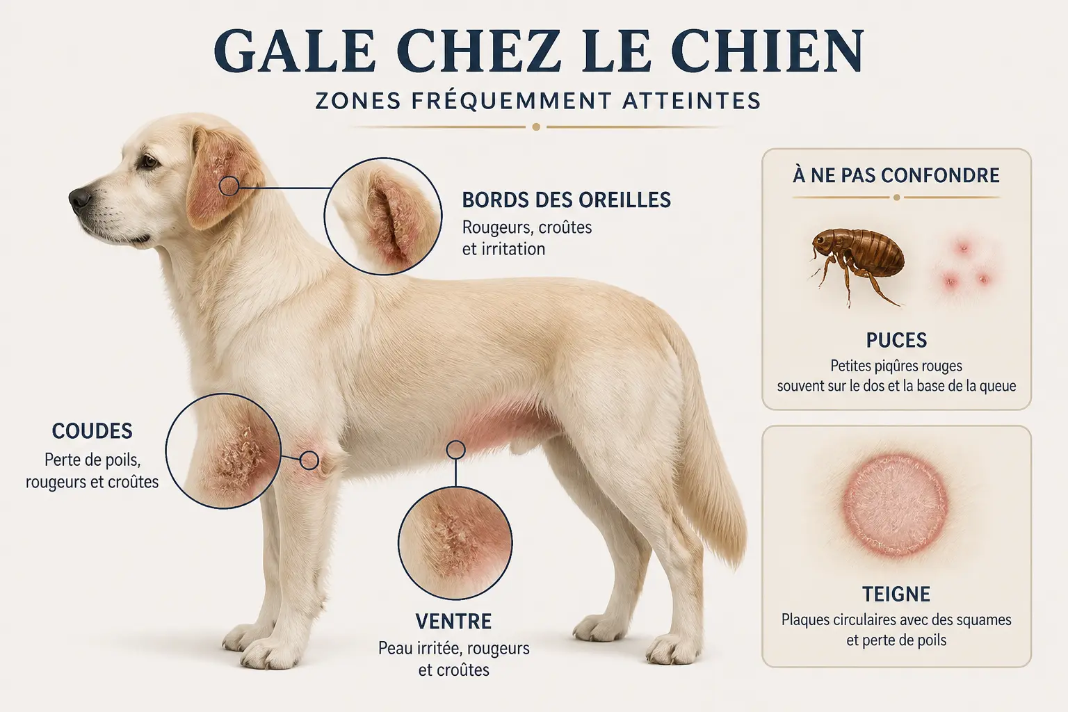 Gale chien : silhouette de chien avec zones irritées aux oreilles, coudes et ventre, et deux confusions possibles.