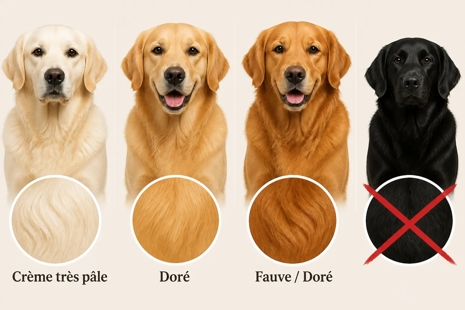 Golden retriever noir barré, avec trois robes admises du crème au doré soutenu sur fond neutre.