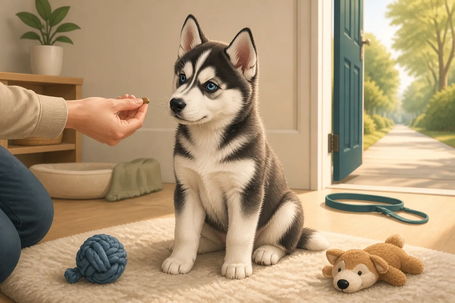 Husky chiot assis sur un tapis, récompensé à la main, avec sortie en laisse et jouets à proximité.