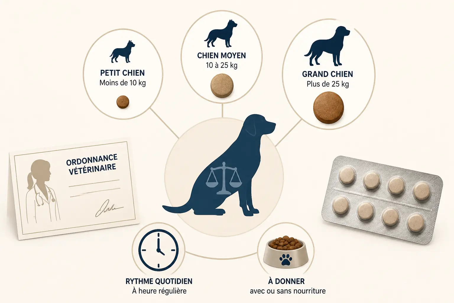 Infographie vétérinaire sur le kesium chien : dose selon le poids, rythme et prise avec ou sans nourriture.
