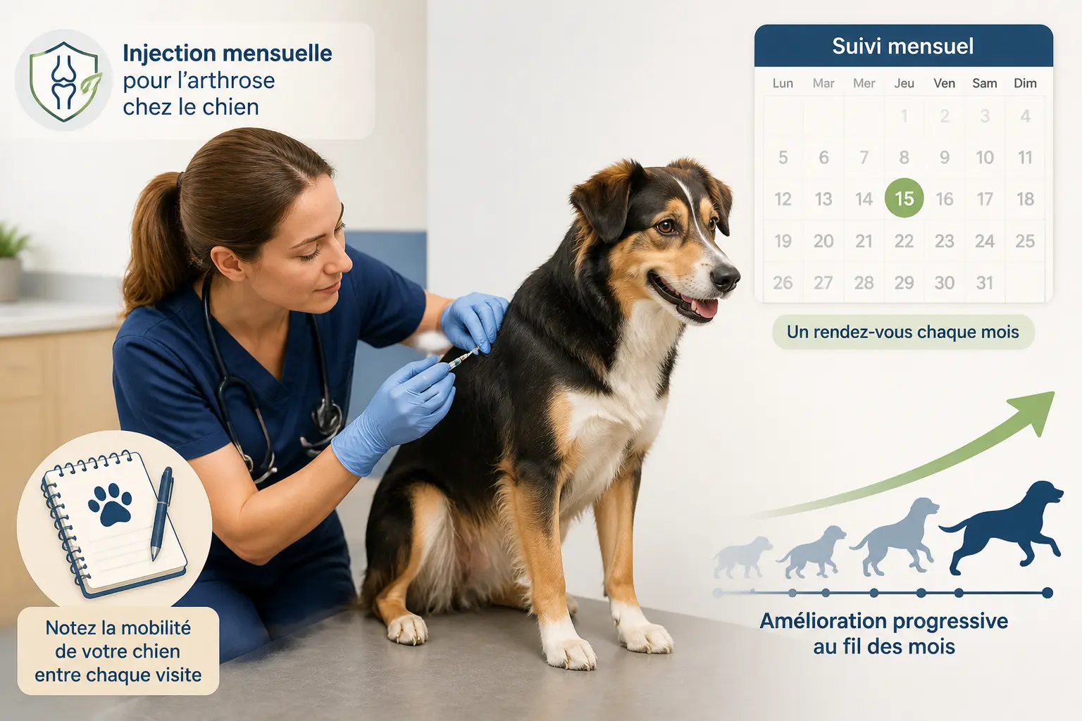 Librela chien : vétérinaire préparant une injection mensuelle pour un chien arthrosique en clinique.