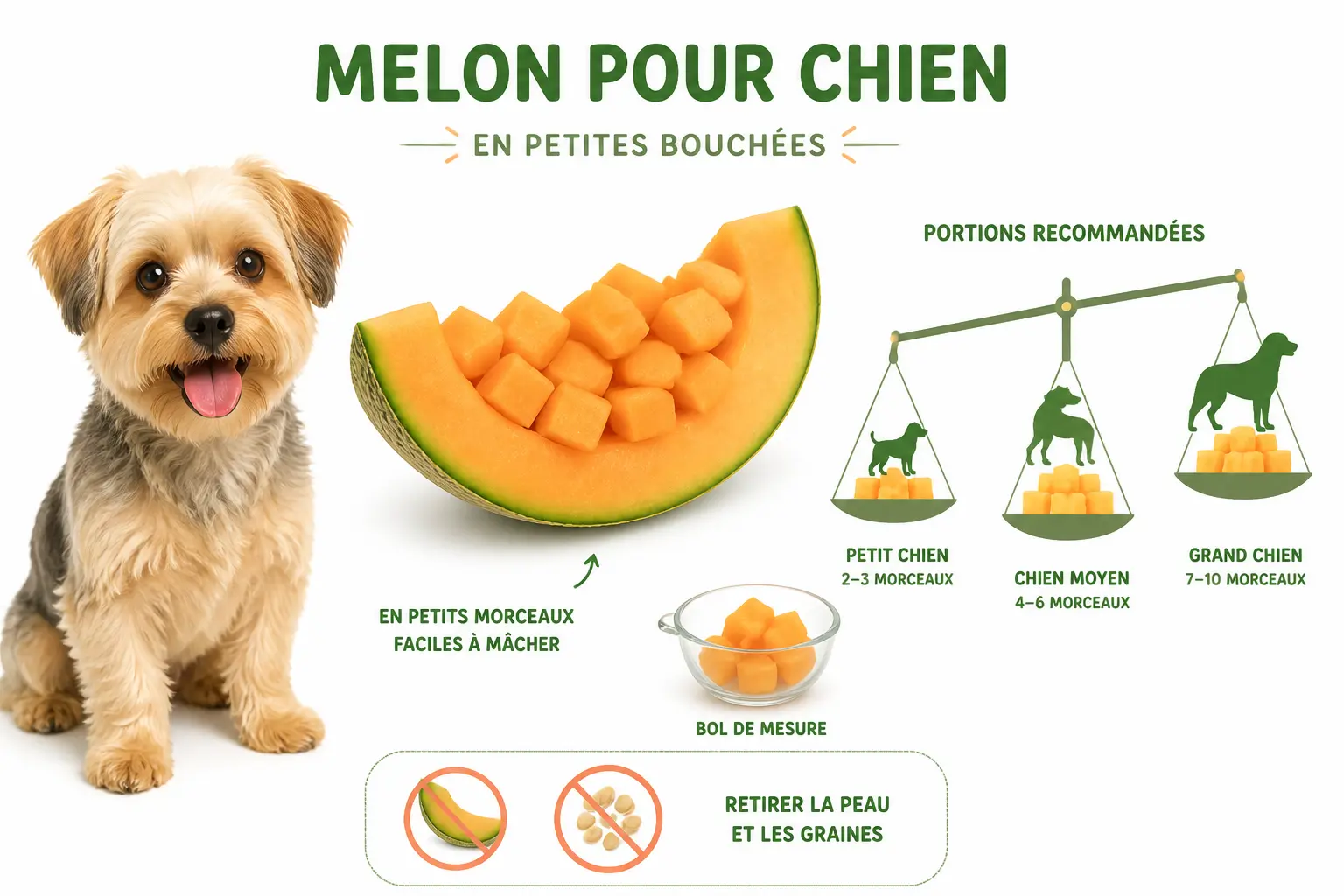 Melon chien : infographie montrant une portion en cubes, un bol doseur et des repères petit, moyen, grand.