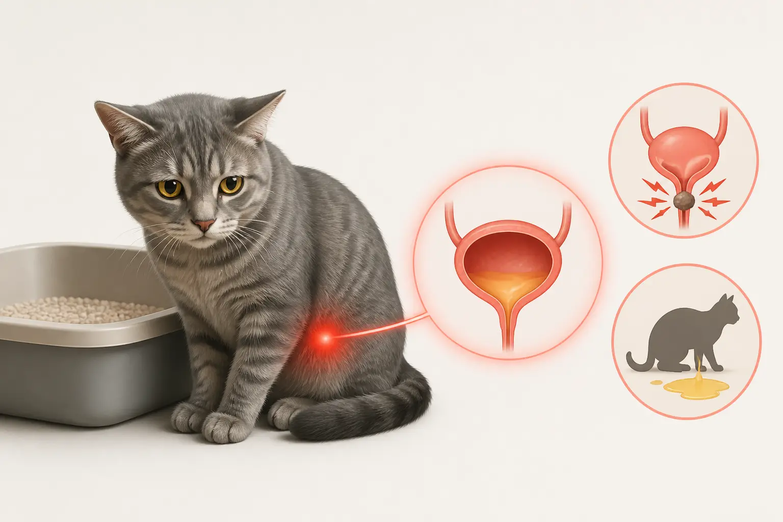 Mon chat fait pipi partout : chat inquiet, litière, vessie et alertes urinaires sur fond éducatif.