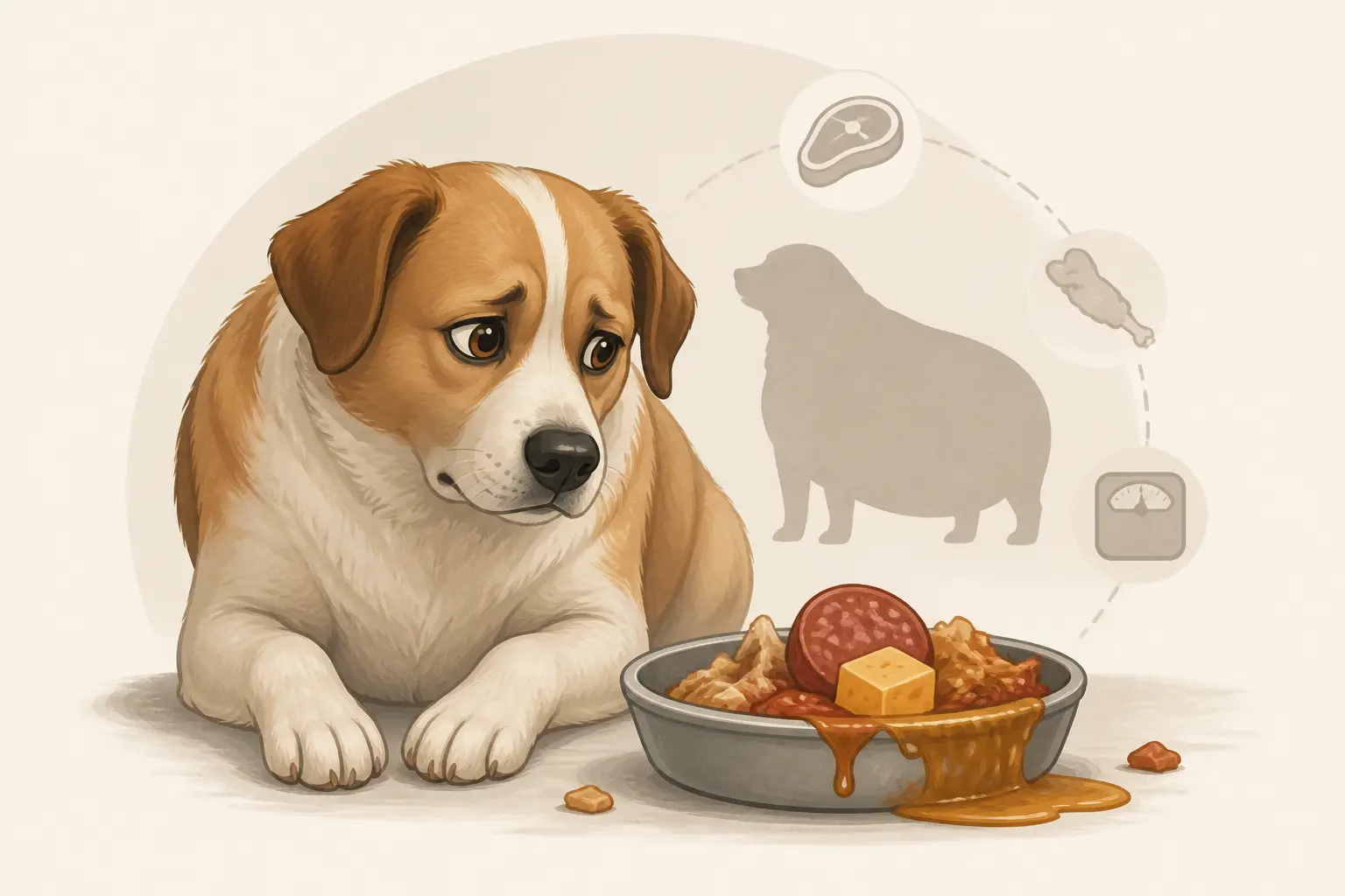 Pancréatite chien : chien inquiet près d’un bol de restes gras, saucisse, fromage et sauce