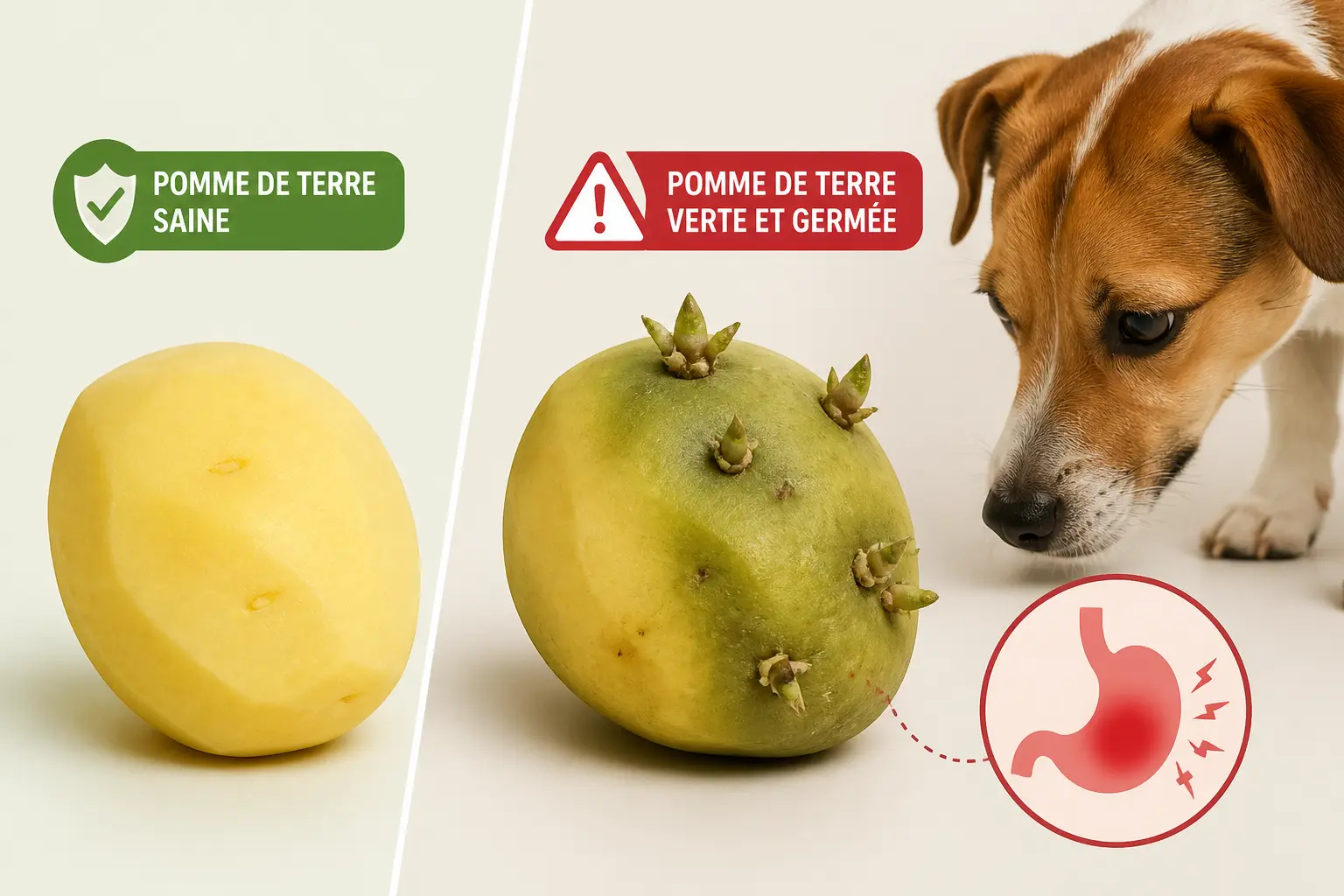 Pomme de terre chien : tubercule sain et tubercule vert germé, chien reniflant, risque digestif