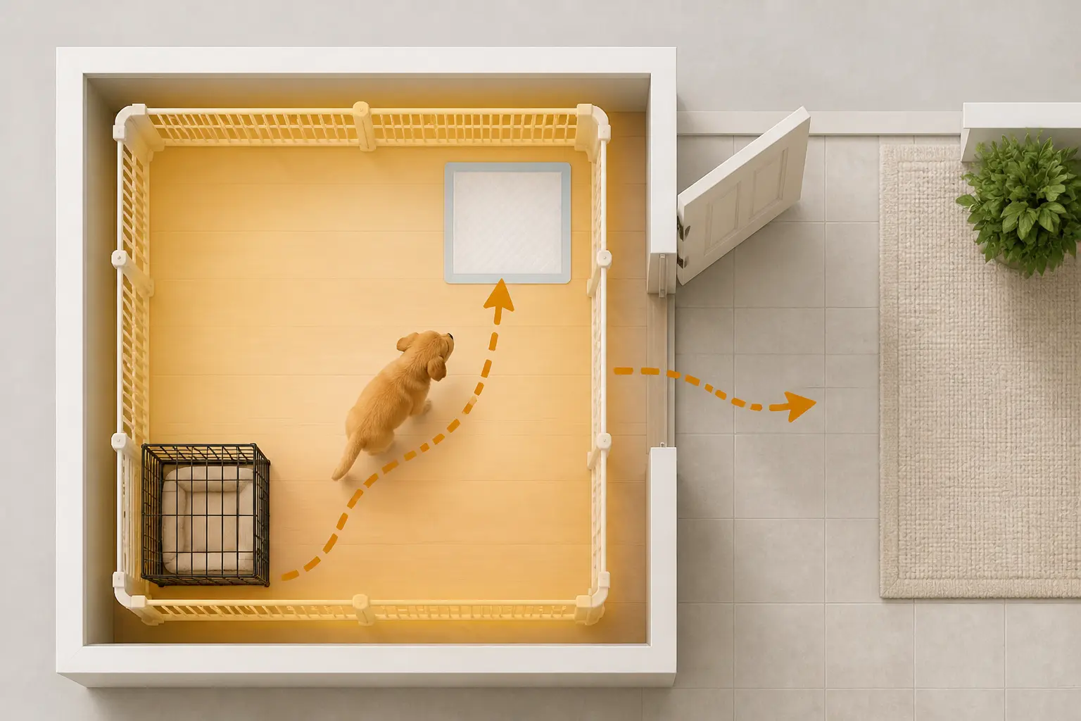 Propreté chiot : plan de maison avec zone restreinte, tapis de propreté, caisse et sortie pour mieux réussir.