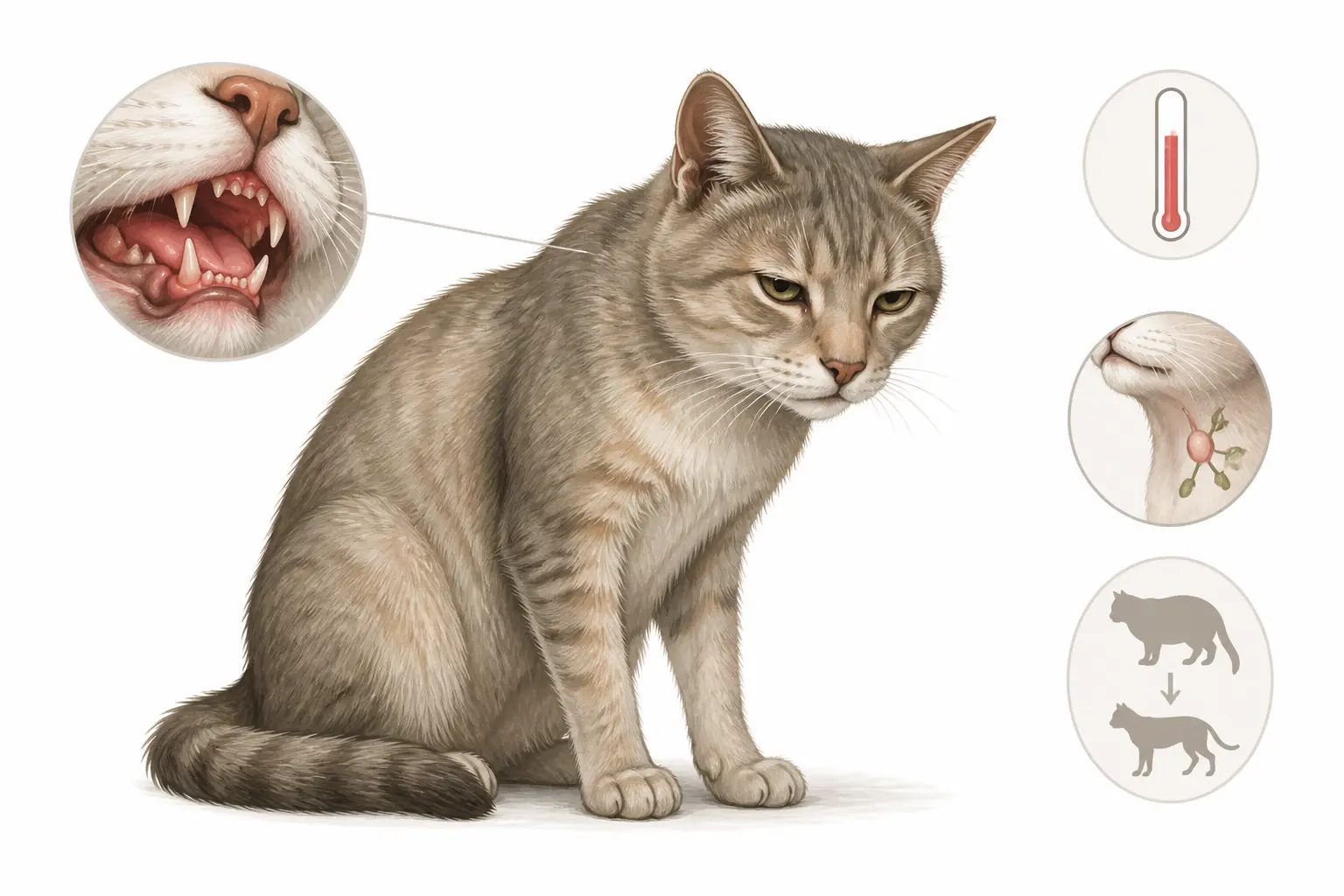 Chat domestique fatigué illustrant le sida du chat : bouche irritée, fièvre, ganglion et amaigrissement.