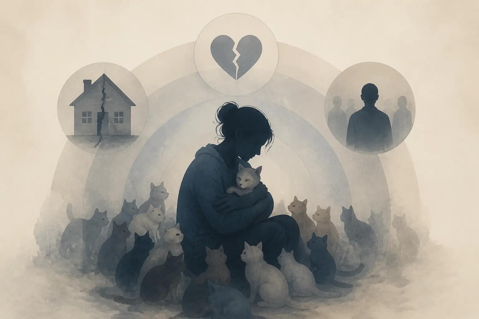 Syndrome de noé : silhouette humaine fragile, chat, cœur brisé, maison fissurée et isolement.