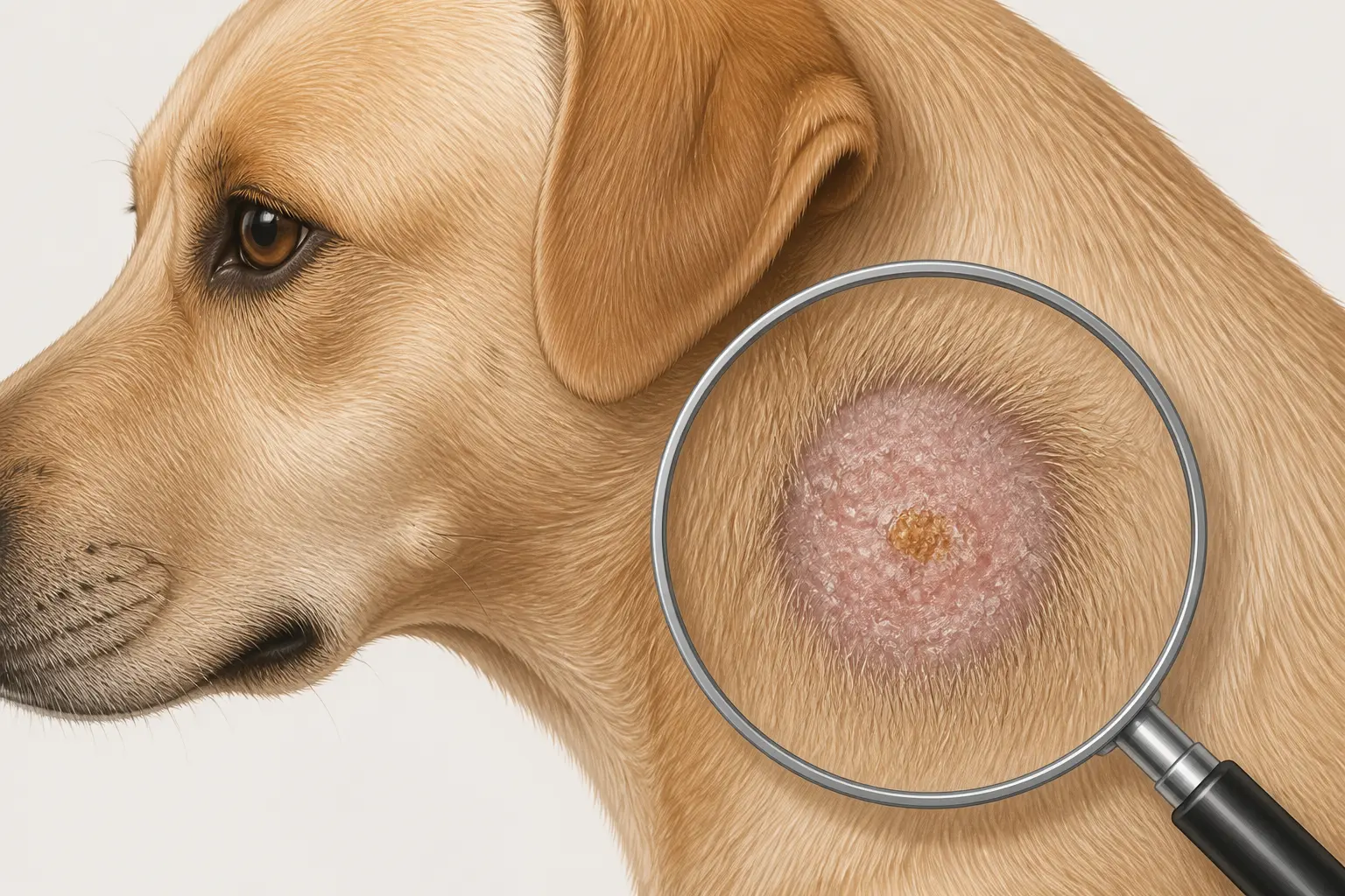 Teigne du chien : plaque circulaire sans poils, squames et croûte sur la peau, avec loupe.