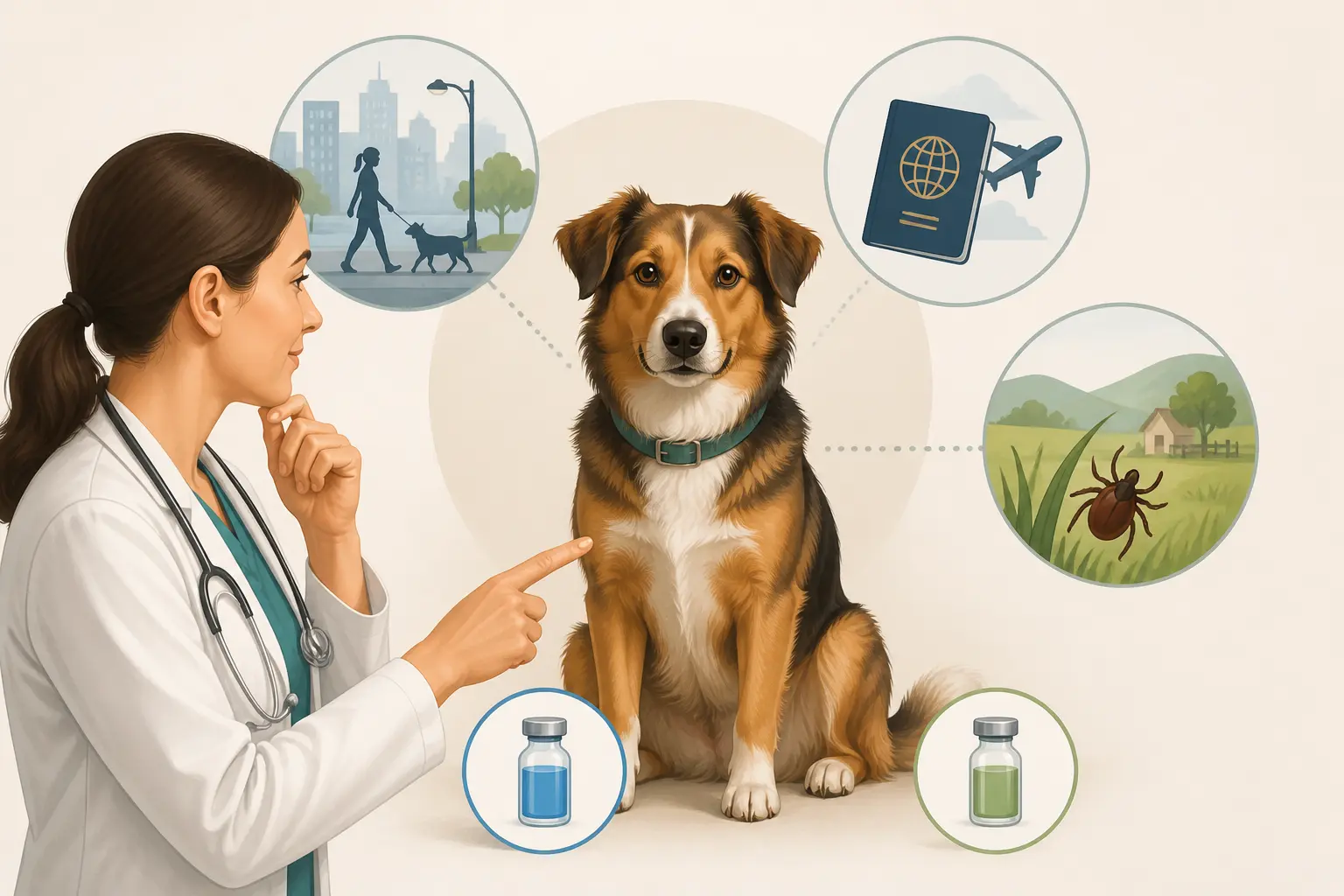 Vétérinaire choisissant comment vacciner un chien selon son mode de vie, avec icônes ville, voyage et campagne.