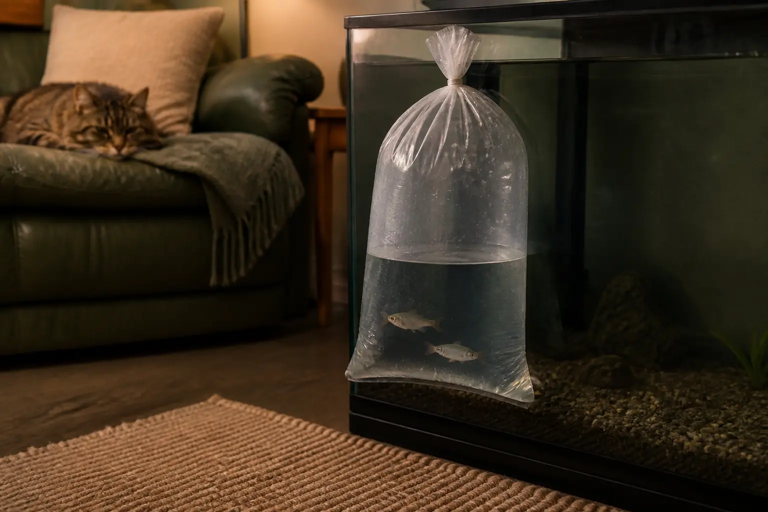 Sac de transport flottant près d’un aquarium, illustrant l’acclimatation poisson aquarium dans un salon calme.