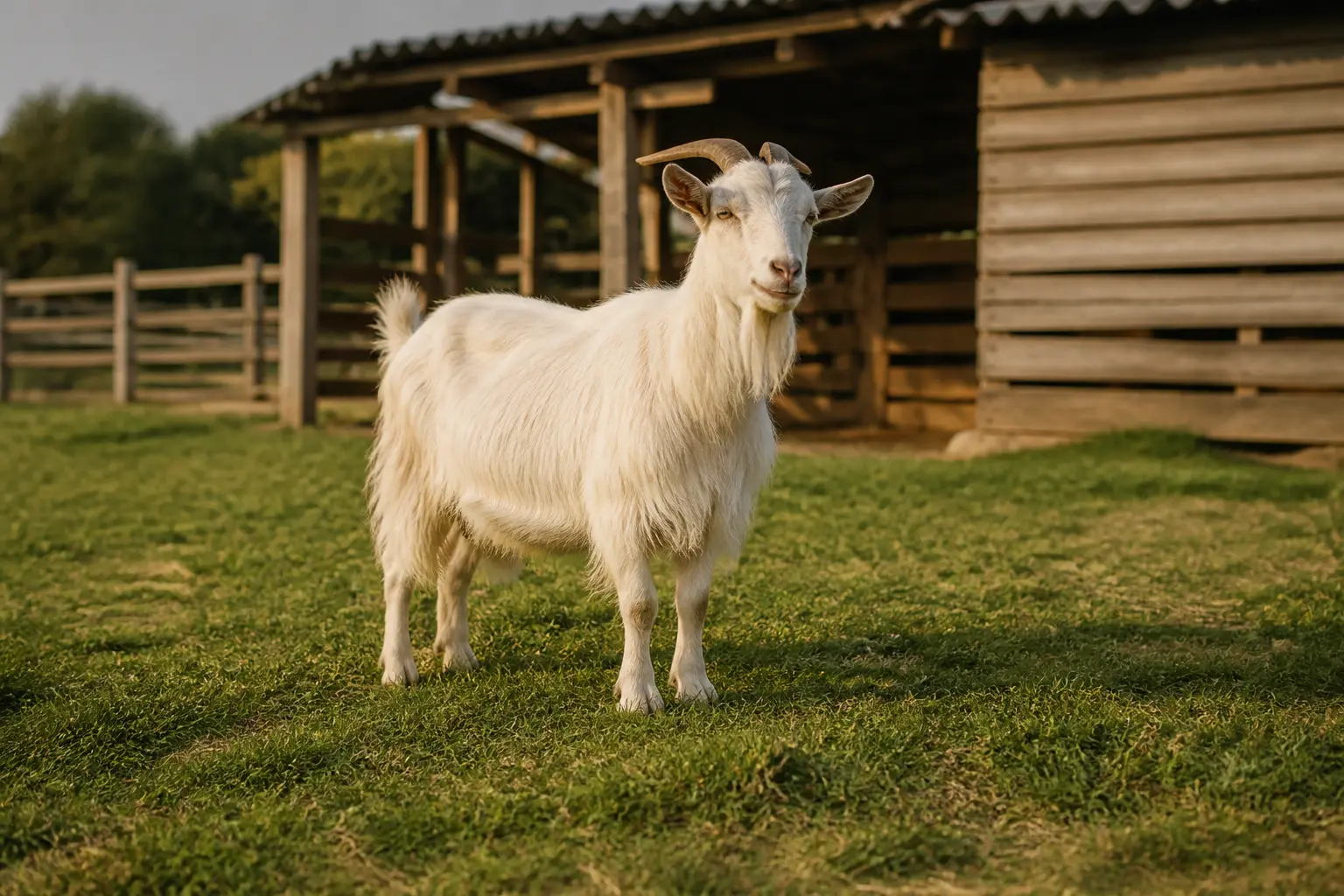 Chèvre saine dans un pâturage rural près d’un abri en bois, illustrant la duree vie chevre en élevage naturel