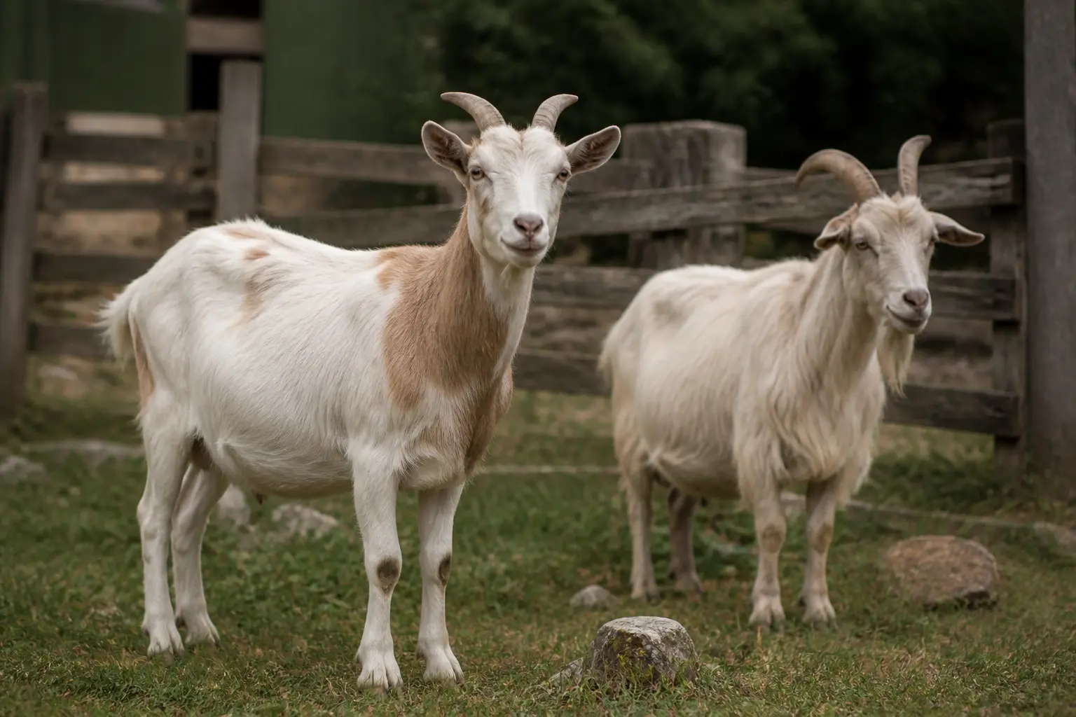 Deux chèvres en prairie rustique, illustrant la duree vie chevre, l’une plus âgée mais robuste.