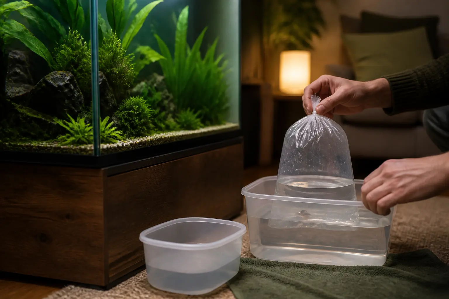 acclimatation poisson aquarium : sac de transport flottant près d’un aquarium planté dans un salon chaleureux, transfert prêt