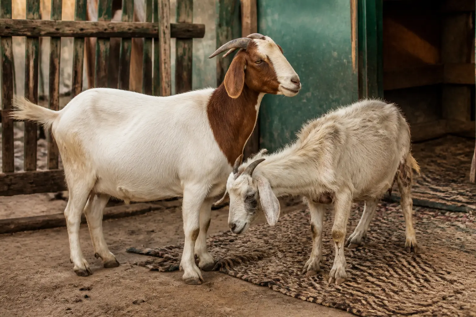 duree vie chevre : deux chèvres en ferme, l’une saine, l’autre âgée et affaiblie, signe de santé réduite