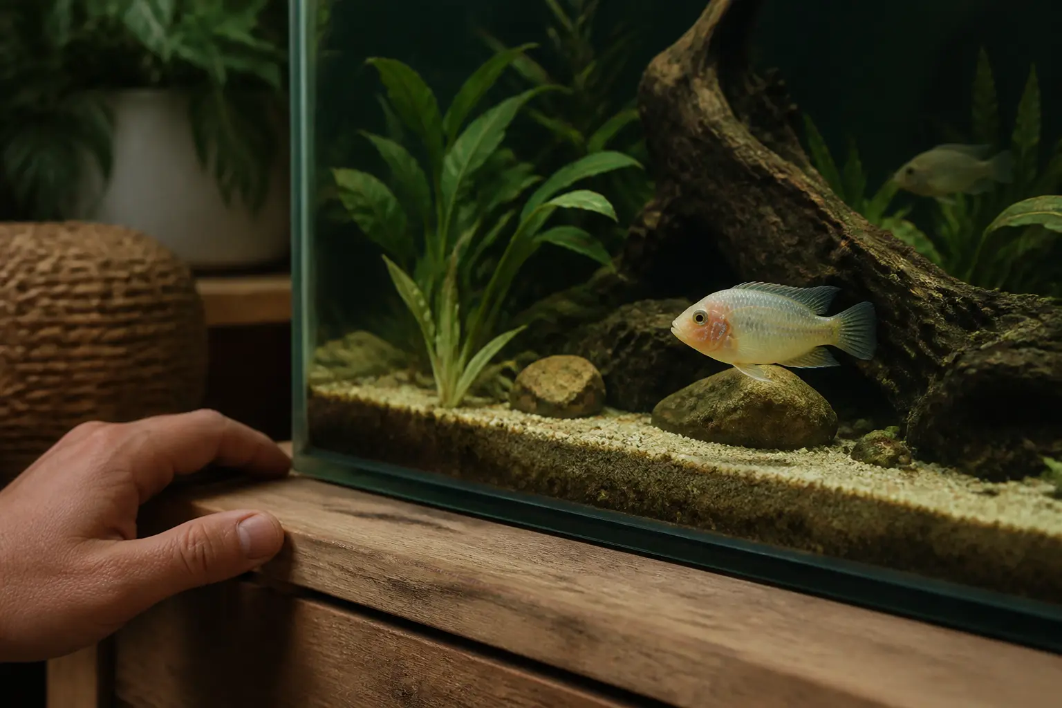 Acclimatation poisson aquarium : poisson calme près de la vitre d’un aquarium domestique, lumière chaude, plantes sauge, main en retrait