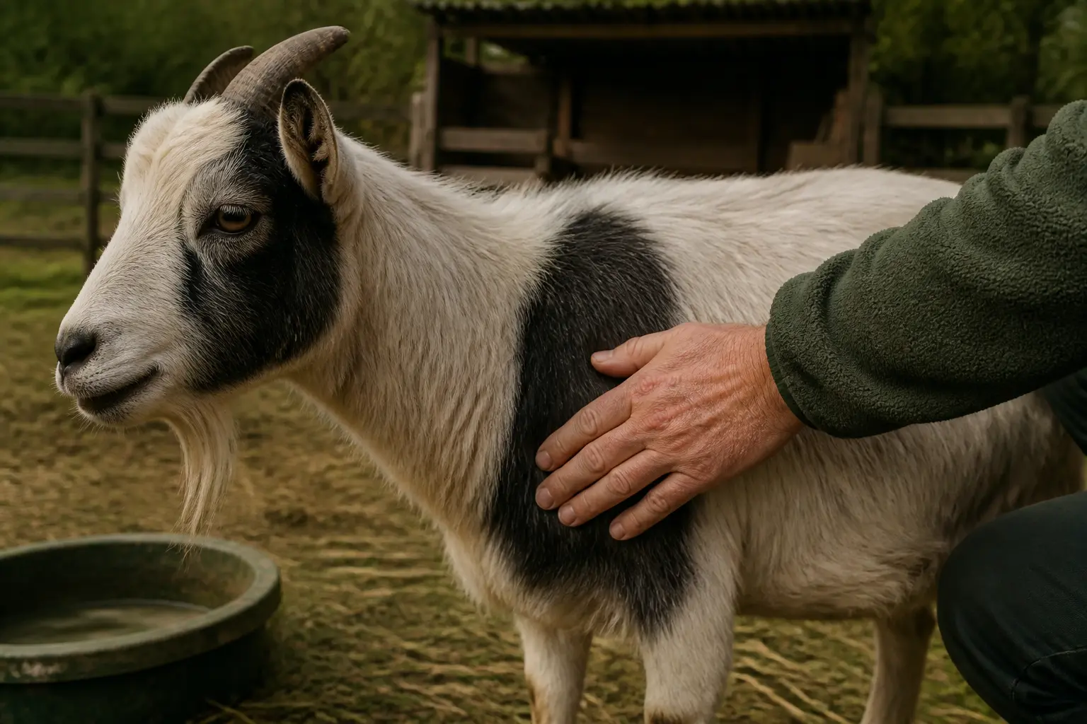 Chèvre âgée en enclos rural, main du soigneur sur son pelage, illustrant la duree vie chevre et les soins réguliers.