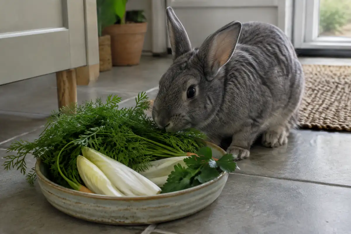 Lapin gris qui mange des fanes de carotte, des endives et du persil dans une assiette posée au sol