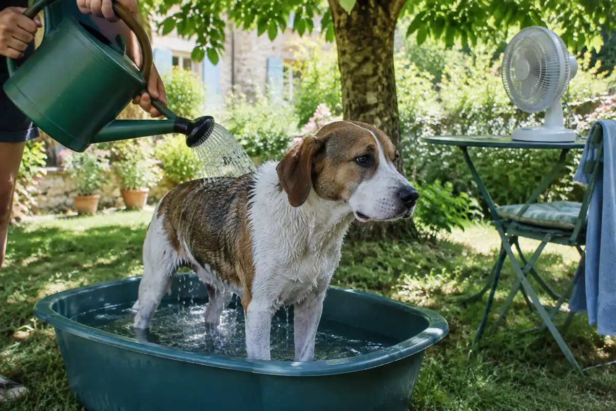 Chien debout dans un bac d'eau au jardin, arrosé à l'arrosoir près d'un ventilateur