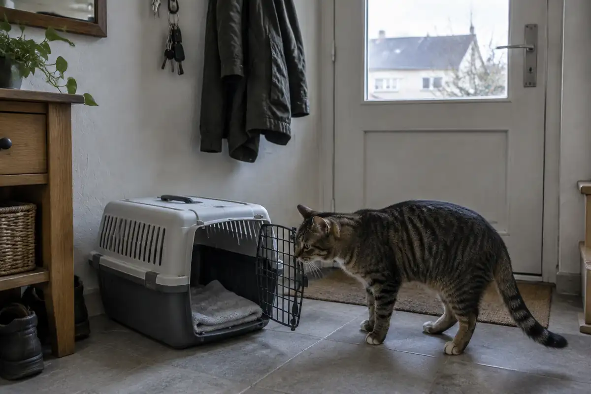 Chatte tigrée qui renifle une caisse de transport ouverte dans une entrée, un matin
