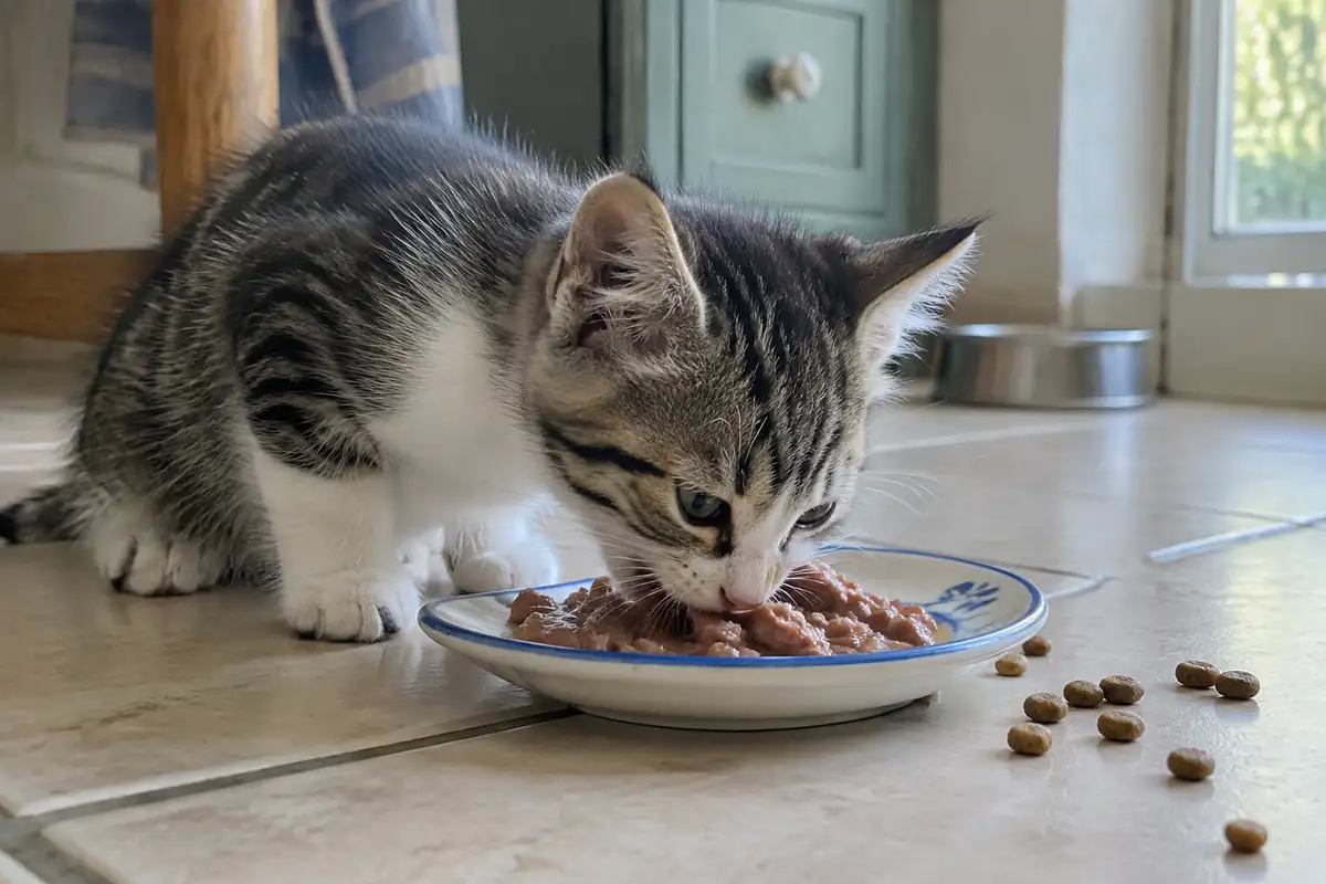Chaton qui mange une pâtée dans une soucoupe posée au sol, quelques croquettes à côté