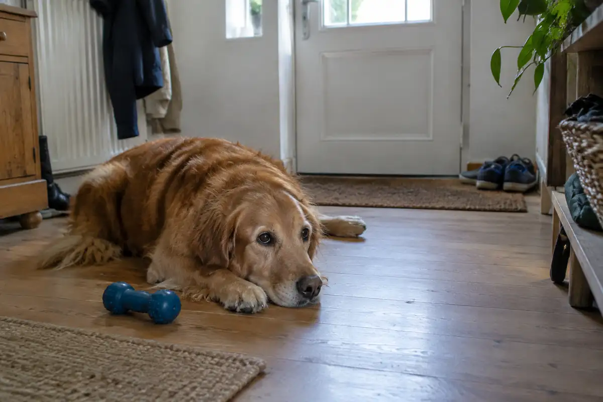 Chien couché près de la porte d'entrée dans un séjour vide, un jouet à mâcher posé à côté de lui