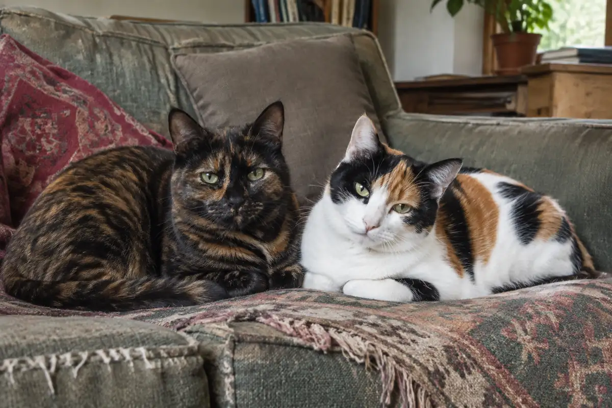 Une chatte écaille de tortue et une chatte calico couchées côte à côte sur un canapé