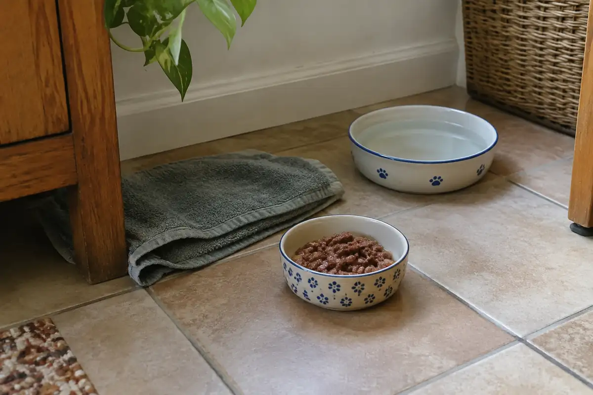 Gamelle de pâtée et bol d'eau posés au calme dans un coin de pièce, loin du passage