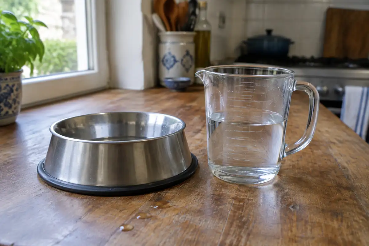 une gamelle d'eau en inox et un verre doseur gradué posés sur un plan de travail en bois