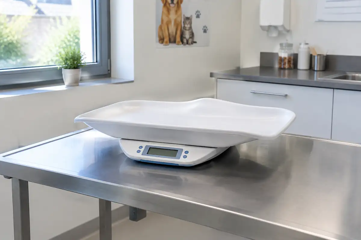 Balance pour animaux sur une table d'examen vétérinaire vide