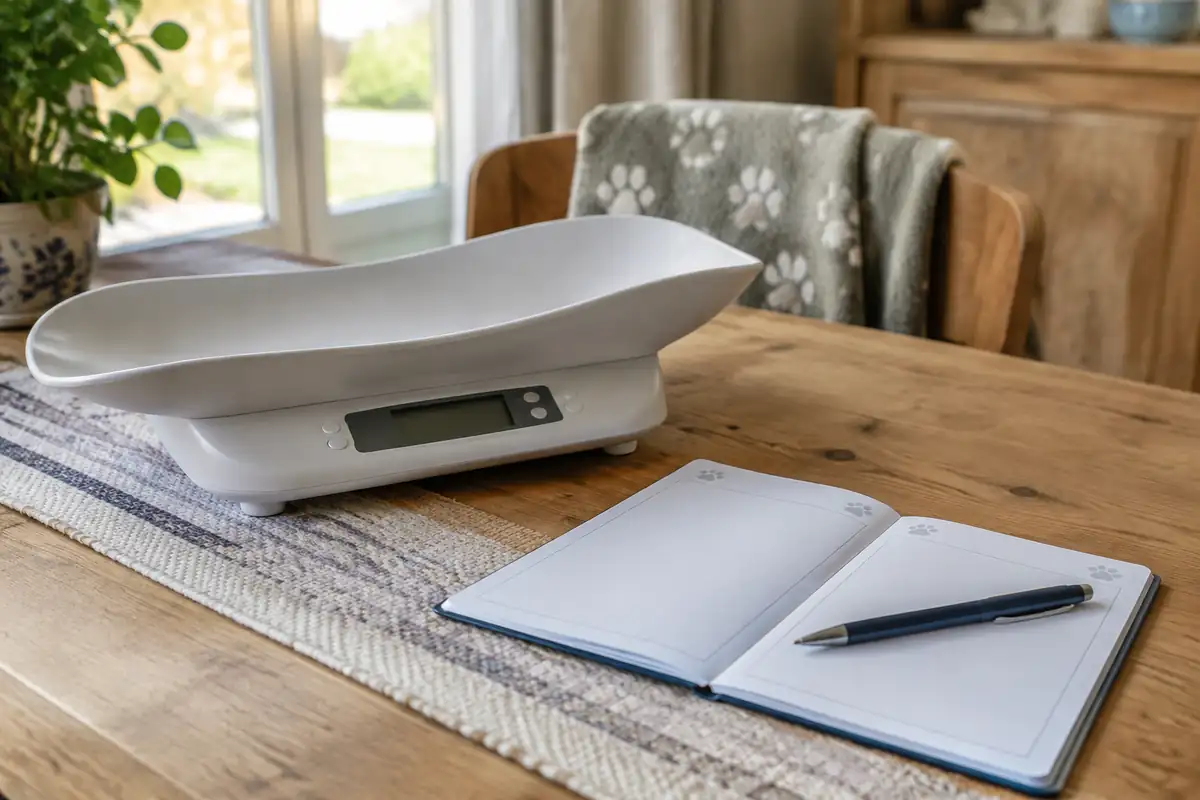 Petite balance pour animaux et carnet de santé vierge avec un stylo sur une table