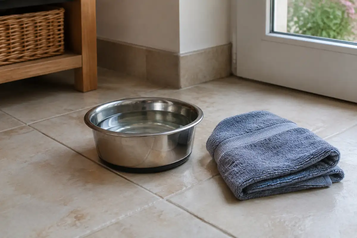 Bol d'eau en inox et serviette pliée sur un carrelage