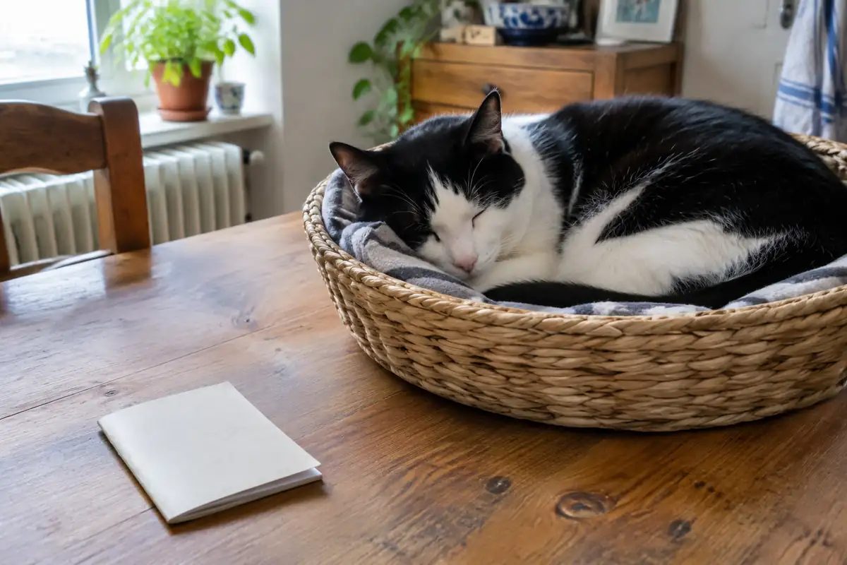 Chat noir et blanc endormi dans un panier, un petit carnet posé sur la table à côté