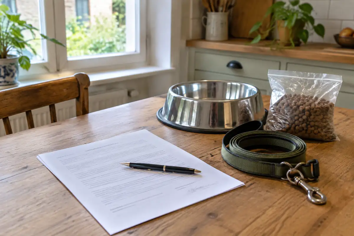 Document signé, laisse neuve, gamelle et croquettes préparés avant l'arrivée du chien